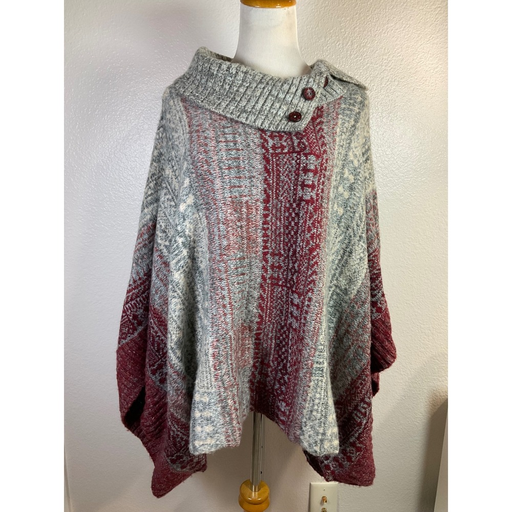 Free People Willow Poncho Sweater Pullover Cowl Neck Red Combo Sz S‎ - Picture 8 of 8